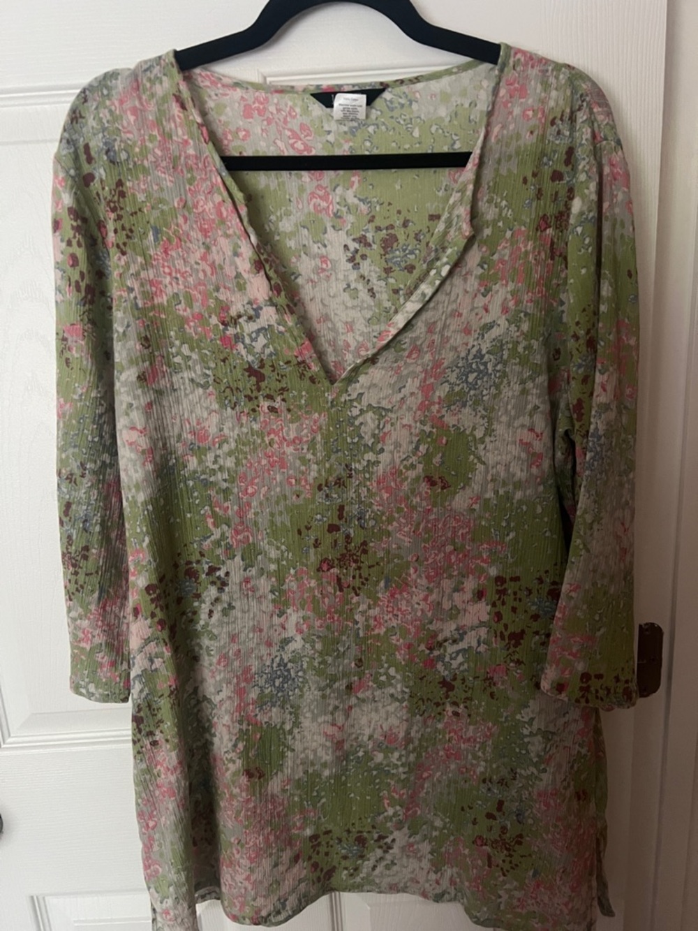 J Crew Floral Crinkle Blouse Size Large Green Pink Sheer 3/4 Sleeve Top